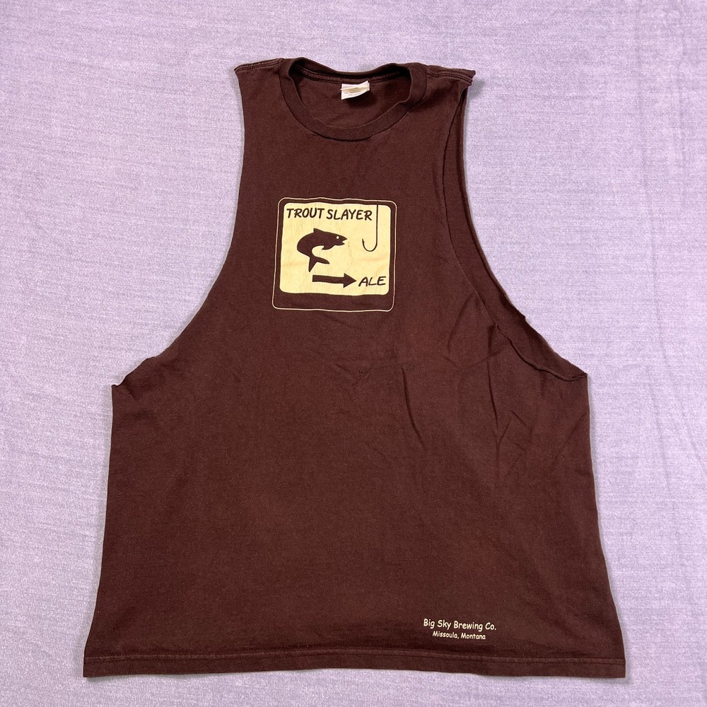 Anvil Mens Brown Trout Slayer Ale Montana Fishing Sleeveless T-Shirt Size L